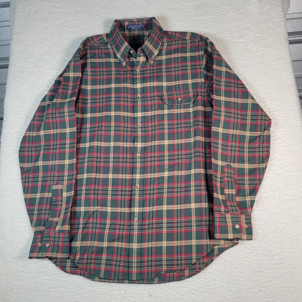Enro Sportswear Button Down Shirt‎ Mens Large Green Red Plaid Long Sleeve Pocket